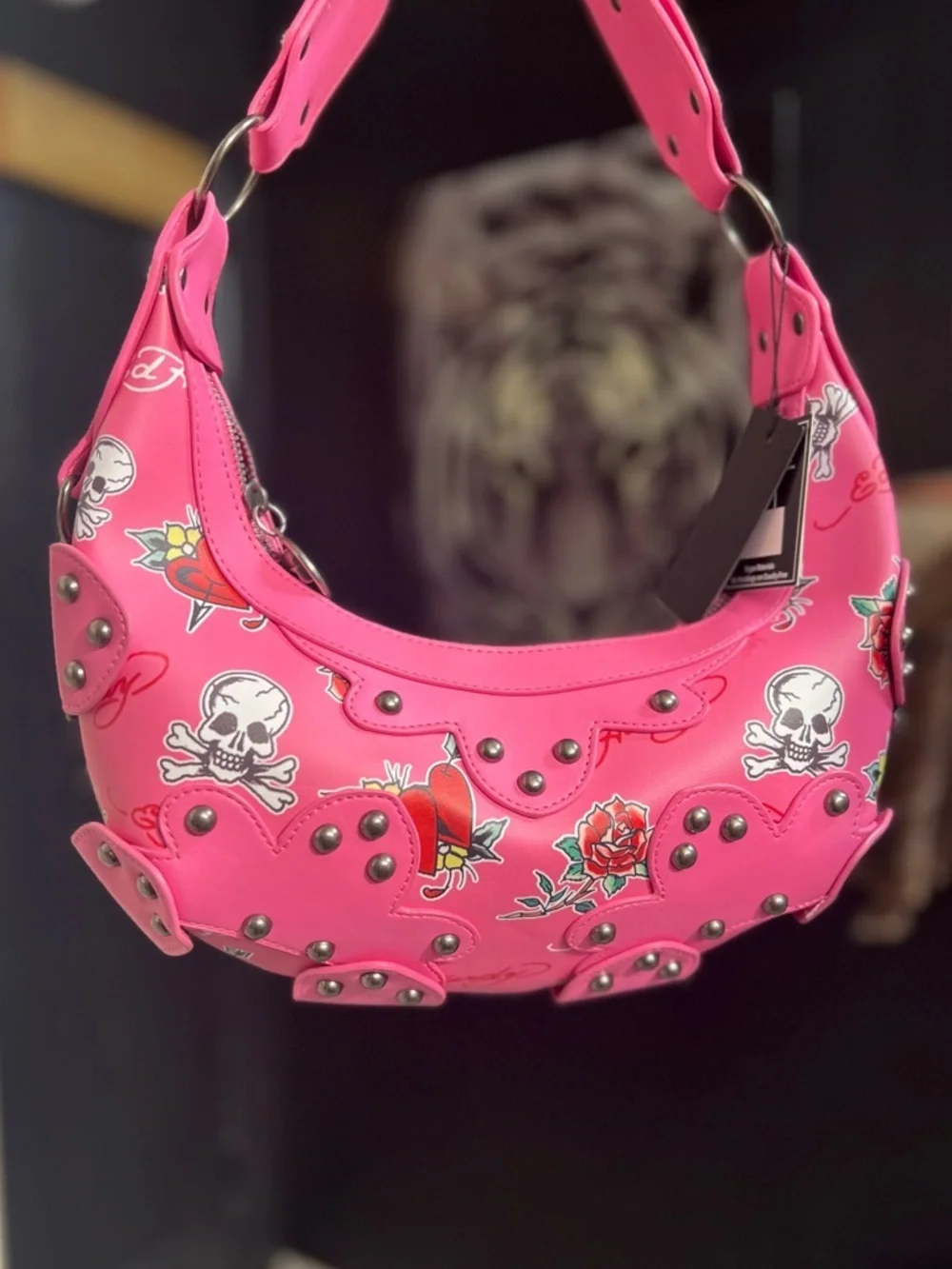 💕Ed Hardy Hot Pink Studded Skull & Rose Shoulder Bag-NWT💕